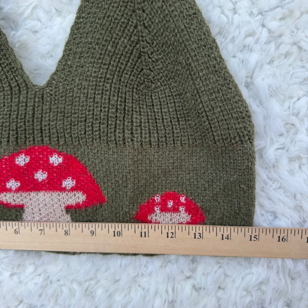 Red Mushrooms Knit Sweater Halter Top Olive Green Crop Size Large Fairycore y2K - Picture 4 of 7